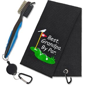 Best Grandpa by Par Embroidered Golf Towels with Clip and Golf Brush with Retractable Extension Cord, Funny Golf Towel Gifts and Golf Accessories Set for Dad Grandpa Father Golfers Golf Fan