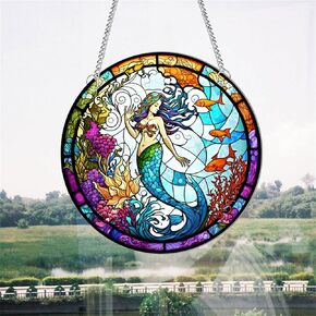 11.8 Inches Mermaid Acrylic Window Hanging Decor Sea Life Seaweed Wall Art Mural for Bedroom Office Garden Wall Decoration Indoor Window Decor Gift for Mom Grandma Teacher Ocean Lover