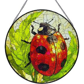 9.84’- Ladybug Stained Glass Window Hanging,Ladybug Stained Glass,Round Stained Glass Ladybug Hanging,Colorful Ladybug Suncatchers for Windows,Ladybug Window Hangings with Chain and Hook