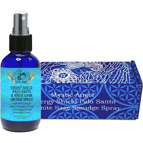 Energy Shield Palo Santo & Frankincense Smudge Spray in 4 oz. Glass Bottle with Gift Box, Handmade in The USA with Pure Essential Oils and Reiki Charged Crystals