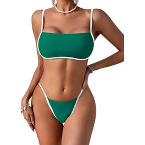 Lilosy Sexy Contrast Binding Color Block Bandeau Thong Bikini Tube Cheekly Brazilian Swimsuit Set