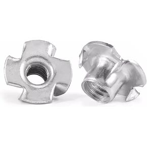 3/8"-16 Stainless T-Nuts, 304 Stainless Steel Four-jaw, Pronged Tee Nut. 1/2" Barrel Length, 4-Pronged Tee Nut for Wood, 50pcs