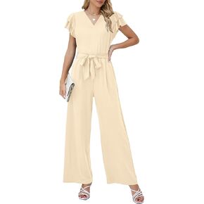 Blooming Jelly Women Dressy Jumpsuits One Piece Business Casual outfits Ruffle Sleeve V Neck Belted Summer Rompers