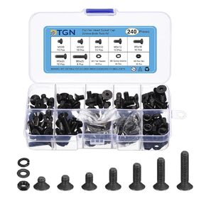 240Pcs M5 x 6mm /8mm /10mm /12mm /16mm /20mm /25mm Flat Head Hex Socket Cap Screws Bolts Nuts Washers Kit, Carbon Steel Black Oxide, Full Thread, Countersunk Bolts