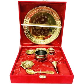 Gold Pooja thali Set bhog thali (Bell, Lota, Jyot, Vati, Spoon,Aggarbatti Stand) Set for Navaratri thali Navratri Pooja Item Wedding Aarti Thanksgiving Gifts Return Gift Karwa Chauth - 8.5 inch