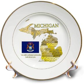 3dRose Flag, Map and Motto of Michigan with All Counties Labeled-Porcelain Plate, 8-inch (cp_195253_1)