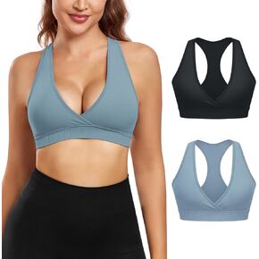 VEQKING Racerback Sports Bra for Women Crossover Deep V-neck Light Support Bralette, A-C Cup, Pack of 2