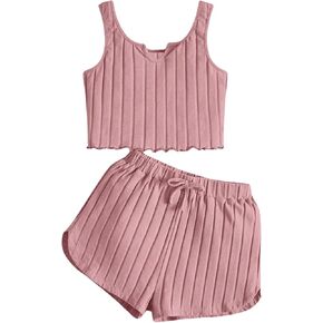 OYOANGLE Girl's 2 Piece Outfits Sleeveless Rib Knit Notched Neck Crop Tank Top and Shorts Set Tracksuit