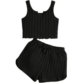 OYOANGLE Girl's 2 Piece Outfits Sleeveless Rib Knit Notched Neck Crop Tank Top and Shorts Set Tracksuit in Kuwait