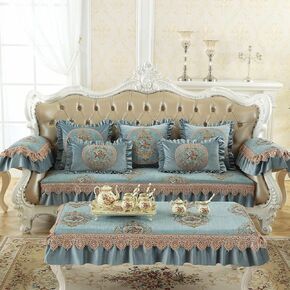 Vintage Jacquard Sofa Cover with Ruffles and Lace, Luxury Floral Pattern Sectional Couch Covers Soft Cozy Chenille Non Slip Sofa Slipcover for Kids Pets,1 Piece/Not All Set (Blue,25"x35")