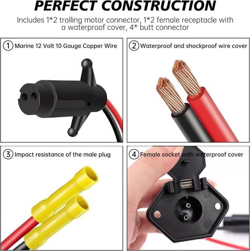 Aogled Trolling Motor Plug,12V 10 Gauge 2 Wire Trolling Motor Plug and Receptacle Compatible with Marine Boat Kayak, Waterproof Male Female Trolling Motor Wire Kit Connector Quick Connect Socket in Saudi Arabia