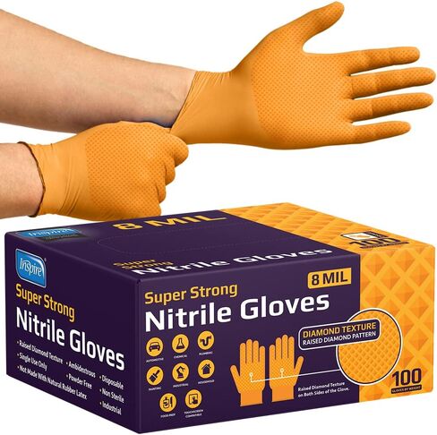 Inspire Heavy Duty Orange Nitrile Disposable Gloves | ULTRA 8 Mil Diamond Textured Grip | Industrial Mechanic Food in Saudi Arabia