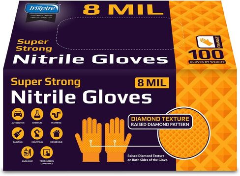 Inspire Heavy Duty Orange Nitrile Disposable Gloves | ULTRA 8 Mil Diamond Textured Grip | Industrial Mechanic Food in Saudi Arabia