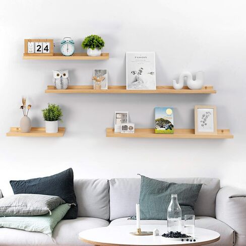 Picture Ledge Shelf, Floating Shelves for Wall, 5.1" Deep Set of 2 12inch Solid Natural Wood Wall Shelves with Lip Bookshelves for Bedroom, Living Room, Nursery, Kitchen (Natural Wood, 12inch) in Saudi Arabia