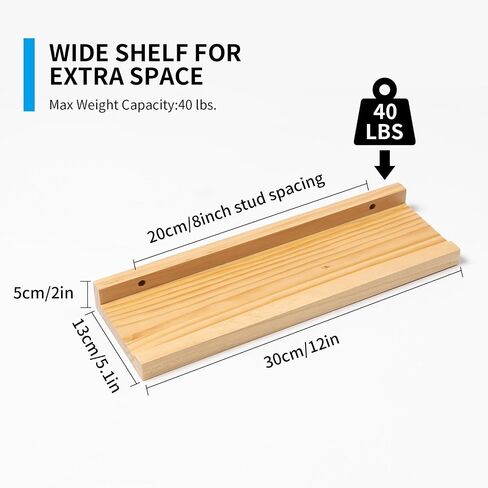 Picture Ledge Shelf, Floating Shelves for Wall, 5.1" Deep Set of 2 12inch Solid Natural Wood Wall Shelves with Lip Bookshelves for Bedroom, Living Room, Nursery, Kitchen (Natural Wood, 12inch) in Saudi Arabia
