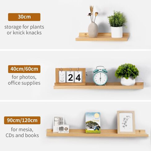 Picture Ledge Shelf, Floating Shelves for Wall, 5.1" Deep Set of 2 12inch Solid Natural Wood Wall Shelves with Lip Bookshelves for Bedroom, Living Room, Nursery, Kitchen (Natural Wood, 12inch) in Saudi Arabia
