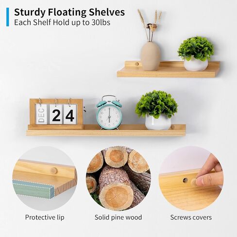 Picture Ledge Shelf, Floating Shelves for Wall, 5.1" Deep Set of 2 12inch Solid Natural Wood Wall Shelves with Lip Bookshelves for Bedroom, Living Room, Nursery, Kitchen (Natural Wood, 12inch) in Saudi Arabia