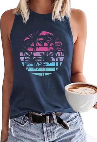 Summer O-Neck Fashion Sleeveless Vest top Fun Printed Coconut Tree Life Simple and Versatile Holiday Beach Loose Vest in Saudi Arabia