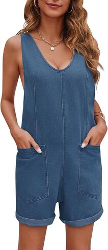 المرأة عالية الأسطوانة شورت الدنيم رومبير عادية أكمام فضفاضة الجينز وزرة السراويل حللا مع جيوب in Kuwait