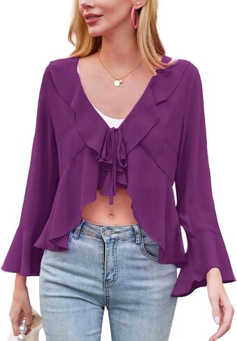 سترة نسائية من Kate Kasin مصنوعة من الشيفون بربطة أمامية وأكمام طويلة مكشكشة ورقبة على شكل حرف V بوليرو لفساتين الصيف in Kuwait