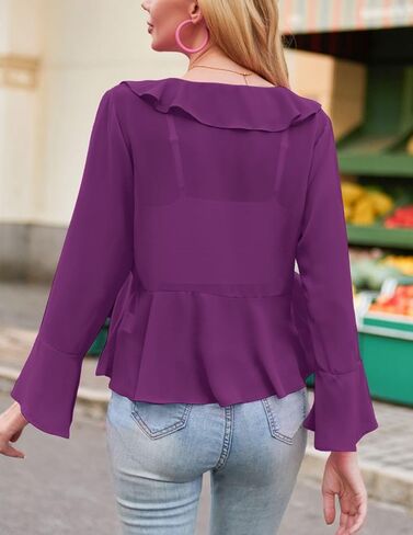 سترة نسائية من Kate Kasin مصنوعة من الشيفون بربطة أمامية وأكمام طويلة مكشكشة ورقبة على شكل حرف V بوليرو لفساتين الصيف in Kuwait