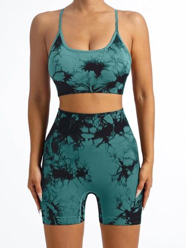 Tie Dye Seamless Workout Sets for Women 2 Piece Outfits Backless Sports Bra Scrunch Butt Gym Yoga Booty Shorts in Saudi Arabia