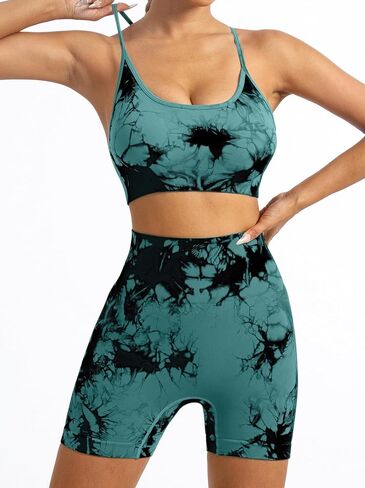 Tie Dye Seamless Workout Sets for Women 2 Piece Outfits Backless Sports Bra Scrunch Butt Gym Yoga Booty Shorts in Saudi Arabia