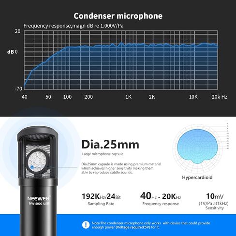 مجموعة ميكروفون USB مطورة من Neewer مع كبسولة كبيرة مقاس 25 مم، 192 كيلو هرتز/24 بت، ميكروفون مكثف للبودكاست القلبي مع مجموعة شرائح صوت احترافية لتسجيل المنزل/الاستوديو والألعاب والبث (NW-8000-USB) in Saudi Arabia