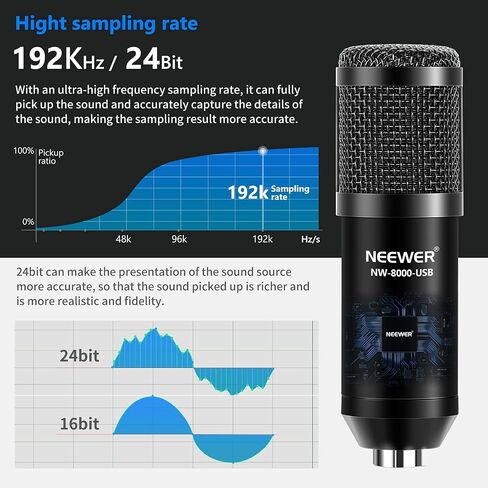 مجموعة ميكروفون USB مطورة من Neewer مع كبسولة كبيرة مقاس 25 مم، 192 كيلو هرتز/24 بت، ميكروفون مكثف للبودكاست القلبي مع مجموعة شرائح صوت احترافية لتسجيل المنزل/الاستوديو والألعاب والبث (NW-8000-USB) in Saudi Arabia