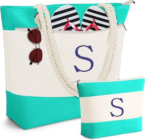 Personalized Canvas Initial Beach Tote Bag with Makeup Bag Travel Essentials Beach Gifts Birthday Gifts for Women Her in Kuwait