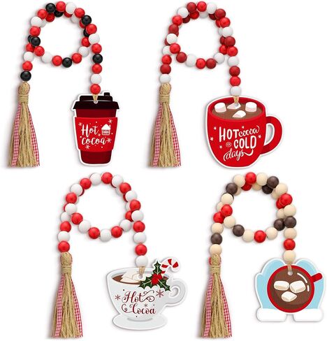 4 Pcs Hot Cocoa Wood Bead Garland with Tassel Hot Chocolate Wooden Decor Rustic Winter Hot Cocoa Bar Decoration Farmhouse Tiered Tray Christmas Holiday Ornament Coffee Tag for Coffee Station, 30 Inch in Saudi Arabia