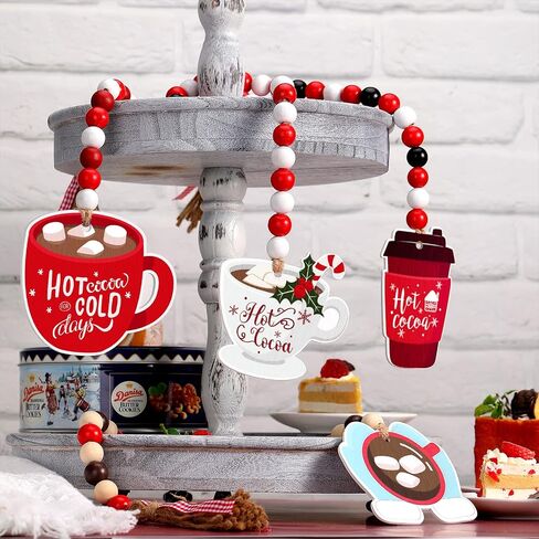 4 Pcs Hot Cocoa Wood Bead Garland with Tassel Hot Chocolate Wooden Decor Rustic Winter Hot Cocoa Bar Decoration Farmhouse Tiered Tray Christmas Holiday Ornament Coffee Tag for Coffee Station, 30 Inch in Saudi Arabia