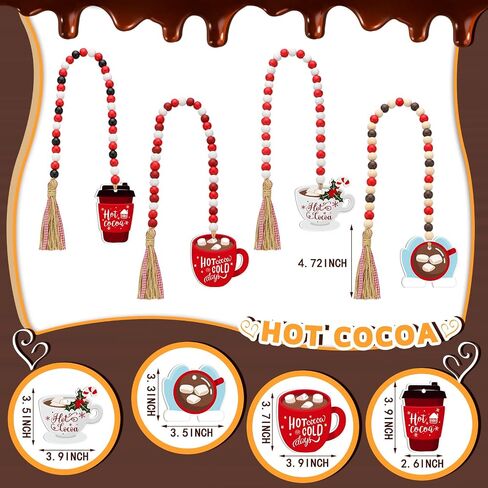 4 Pcs Hot Cocoa Wood Bead Garland with Tassel Hot Chocolate Wooden Decor Rustic Winter Hot Cocoa Bar Decoration Farmhouse Tiered Tray Christmas Holiday Ornament Coffee Tag for Coffee Station, 30 Inch in Saudi Arabia