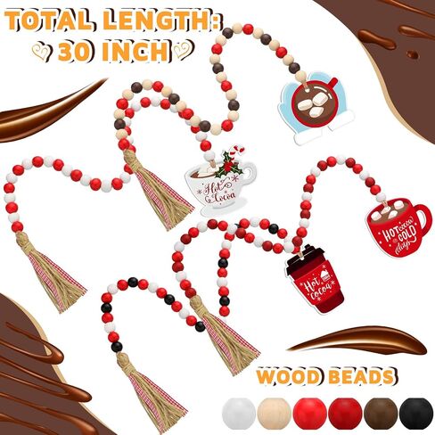 4 Pcs Hot Cocoa Wood Bead Garland with Tassel Hot Chocolate Wooden Decor Rustic Winter Hot Cocoa Bar Decoration Farmhouse Tiered Tray Christmas Holiday Ornament Coffee Tag for Coffee Station, 30 Inch in Saudi Arabia