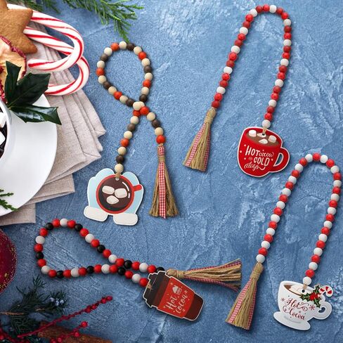 4 Pcs Hot Cocoa Wood Bead Garland with Tassel Hot Chocolate Wooden Decor Rustic Winter Hot Cocoa Bar Decoration Farmhouse Tiered Tray Christmas Holiday Ornament Coffee Tag for Coffee Station, 30 Inch in Saudi Arabia