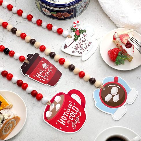 4 Pcs Hot Cocoa Wood Bead Garland with Tassel Hot Chocolate Wooden Decor Rustic Winter Hot Cocoa Bar Decoration Farmhouse Tiered Tray Christmas Holiday Ornament Coffee Tag for Coffee Station, 30 Inch in Saudi Arabia