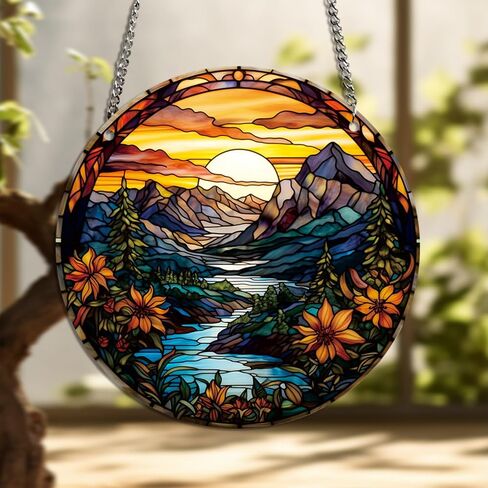 Mountain Canyon Flower Acrylic Window Hangings Sunrise Stained Wall Decor, Ideal Housewarming Gift, Natural Scenery Home Decor for Mom, Grandma, Wife, Teacher in Saudi Arabia