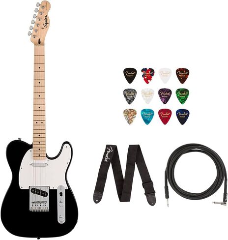 جيتار كهربائي Squire Sonic Telecaster، أسود، حزمة لوحة أصابع خشب القيقب مع حزام جيتار يحمل شعار Fender باللون الأسود و12 قطعة من قطع السيليلويد من Fender in Saudi Arabia
