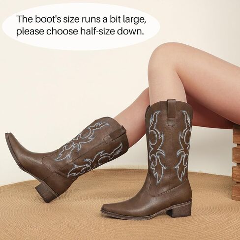 Choiran Cowboy Boots for Women - Mid Calf Cowgirl Boots Western Chunky Heel Pointed Toe Boot with Retro Embroidery, Country Concert Outfit Essentials for Rodeo Festival in Kuwait