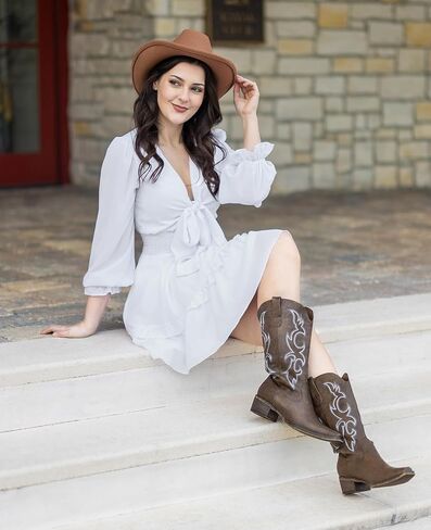 Choiran Cowboy Boots for Women - Mid Calf Cowgirl Boots Western Chunky Heel Pointed Toe Boot with Retro Embroidery, Country Concert Outfit Essentials for Rodeo Festival in Kuwait