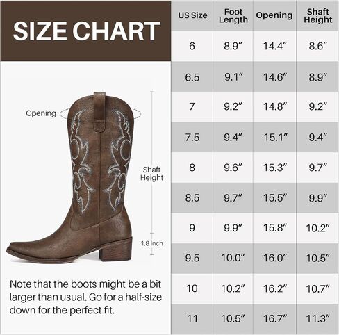 Choiran Cowboy Boots for Women - Mid Calf Cowgirl Boots Western Chunky Heel Pointed Toe Boot with Retro Embroidery, Country Concert Outfit Essentials for Rodeo Festival in Kuwait