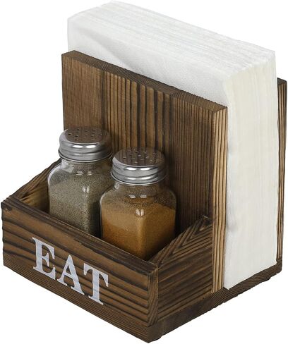 MyGift Rustic Burnt Solid Wood 2-in-One Dining Caddy with White Printed EAT Label, Napkin Holder and Seasoning Compartment, Includes Salt and Pepper Shakers in Saudi Arabia