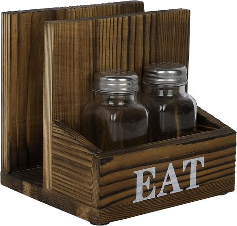 MyGift Rustic Burnt Solid Wood 2-in-One Dining Caddy with White Printed EAT Label, Napkin Holder and Seasoning Compartment, Includes Salt and Pepper Shakers in Saudi Arabia