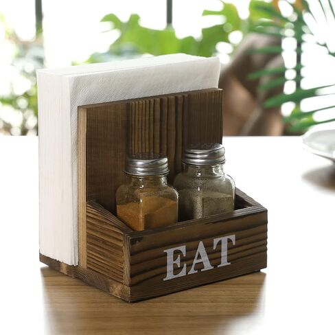 MyGift Rustic Burnt Solid Wood 2-in-One Dining Caddy with White Printed EAT Label, Napkin Holder and Seasoning Compartment, Includes Salt and Pepper Shakers in Saudi Arabia