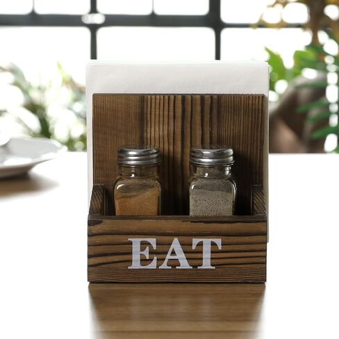 MyGift Rustic Burnt Solid Wood 2-in-One Dining Caddy with White Printed EAT Label, Napkin Holder and Seasoning Compartment, Includes Salt and Pepper Shakers in Saudi Arabia