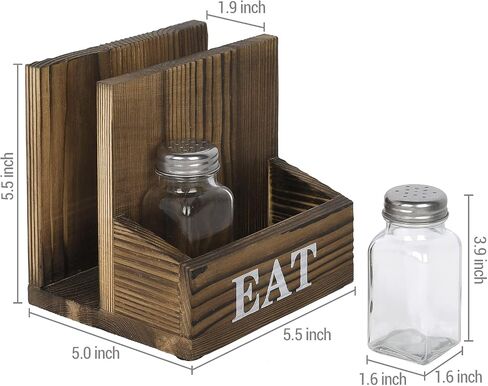 MyGift Rustic Burnt Solid Wood 2-in-One Dining Caddy with White Printed EAT Label, Napkin Holder and Seasoning Compartment, Includes Salt and Pepper Shakers in Saudi Arabia