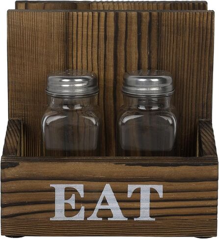 MyGift Rustic Burnt Solid Wood 2-in-One Dining Caddy with White Printed EAT Label, Napkin Holder and Seasoning Compartment, Includes Salt and Pepper Shakers in Saudi Arabia