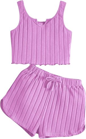 OYOANGLE Girl's 2 Piece Outfits Sleeveless Rib Knit Notched Neck Crop Tank Top and Shorts Set Tracksuit in Saudi Arabia
