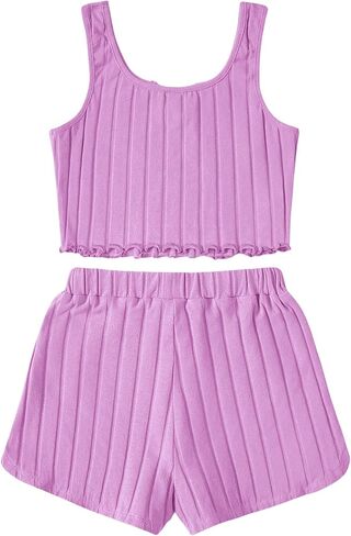 OYOANGLE Girl's 2 Piece Outfits Sleeveless Rib Knit Notched Neck Crop Tank Top and Shorts Set Tracksuit in Saudi Arabia