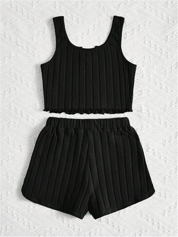 OYOANGLE Girl's 2 Piece Outfits Sleeveless Rib Knit Notched Neck Crop Tank Top and Shorts Set Tracksuit in Kuwait